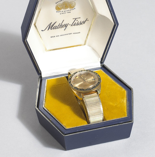 Elvis Presley's Mathey-Tissot wristwatch brought €8,000 ($10,450) at Whye's groundbreaking rock and pop sale in Dublin. Image courtesy of Whyte's.